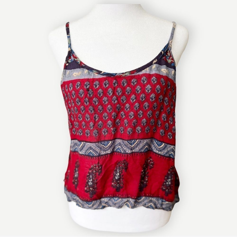 Geeta Vintage Flowy Red Blue Abstract Print Boho Lightweight Tank Top. One Size.